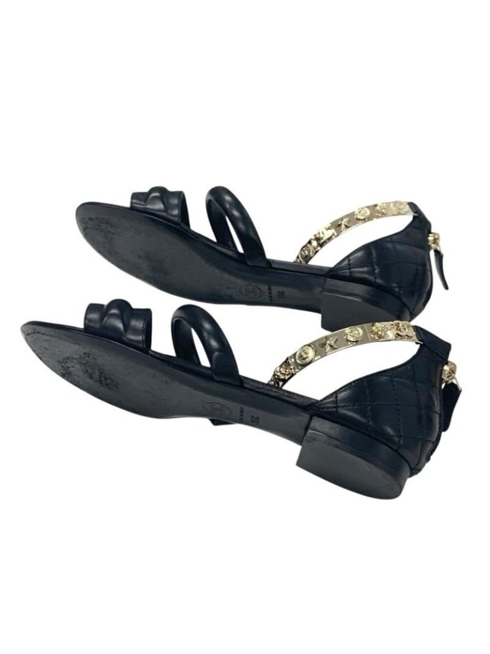 Chanel Sandals Shoes Leather Black Gold Coco Mark Icon Metal Strap Quilted - Picture 6 of 10